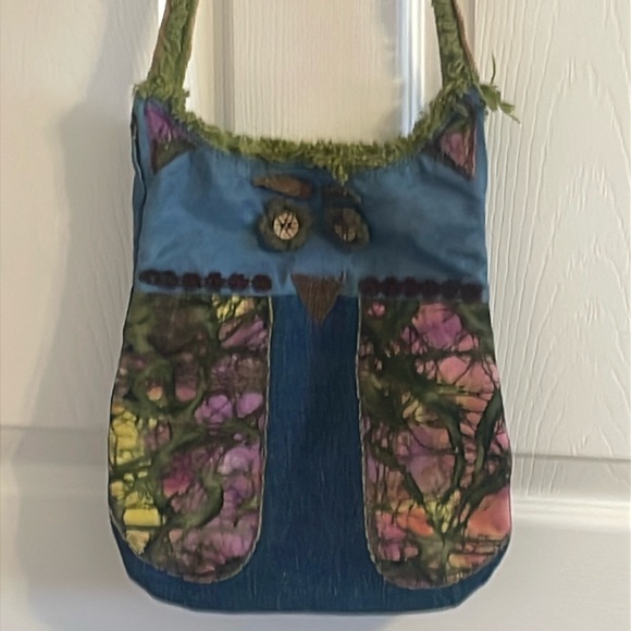 Hand Crafted Handbags - EUC Handmade “Owl” 11x9 Crossbody Bag With Pocket Recycled Materials-Denim